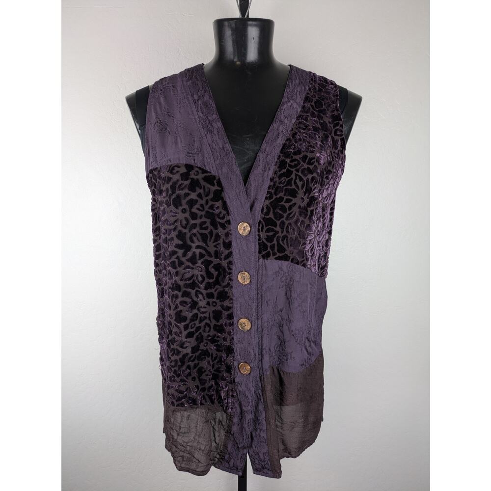 Vintage URU One Size purple mixed fabric vest tunic length button front rayon